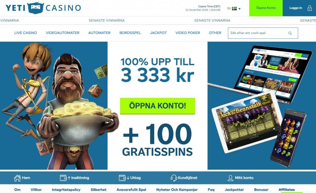 Yeti Casino Hemskärm