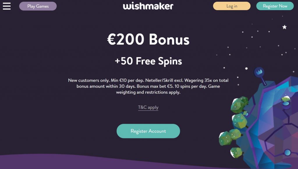 Hemskärmbild av Wishmaker Casino vid lanseringen